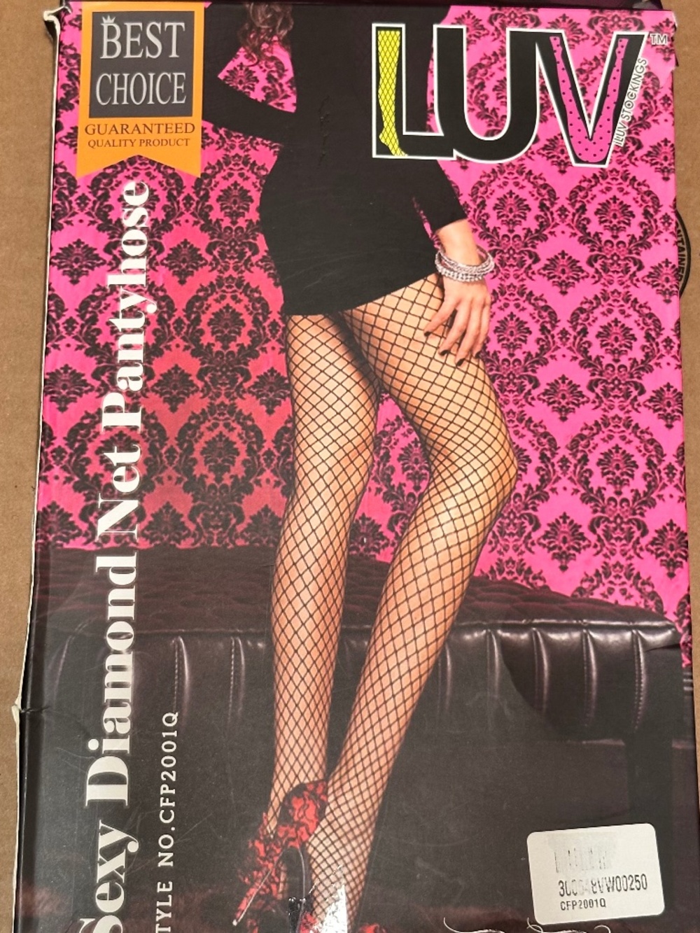 LUV brand Queen Size Sexy Diamond Net Fishnet Pantyhose in black, packaged in a